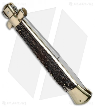 AGA Campolin 15" Auto Italian Stiletto Knife Stag Horn/Brass (7" Satin Bayo) 5 AGA Campolin 15" Auto Italian Stiletto Knife Stag Horn/Brass (7" Satin Bayo) - Image 3