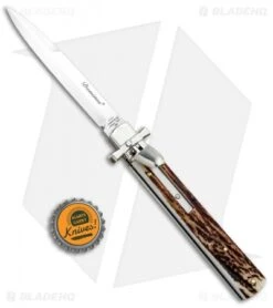 AGA Campolin 9" Dominus Leverlock Automatic Knife Stag (4" Satin) -AGA Campolin AGA Campolin 9in Dominus LL Auto Stag Satin GO DOM23 HB BHQ 97992 jr bottlecap