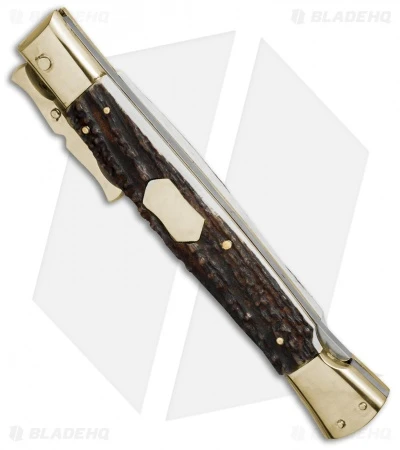 AGA Campolin 13" Bat Swinguard Automatic Knife Brass/Stag Horn (5.75" Dagger) 4 AGA Campolin 13" Bat Swinguard Automatic Knife Brass/Stag Horn (5.75" Dagger) - Image 2