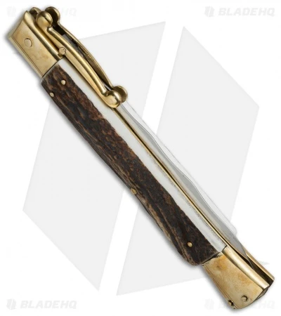 AGA Campolin 13" Swinguard Automatic Knife Brass/Stag Horn (5.75" Satin Kriss) 5 AGA Campolin 13" Swinguard Automatic Knife Brass/Stag Horn (5.75" Satin Kriss) - Image 3