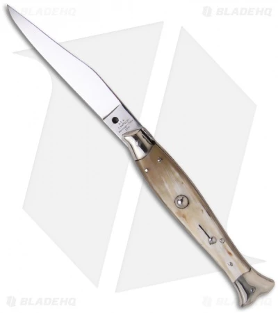 AGA Campolin 10" Automatic Fishtail Picklock Knife Honey Horn (4.5" Satin Bayo) 3 AGA Campolin 10" Automatic Fishtail Picklock Knife Honey Horn (4.5" Satin Bayo)