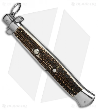 AGA Campolin 18" Ring Pull Automatic Italian Stiletto Stag Horn (8" Satin Bayo) 4 AGA Campolin 18" Ring Pull Automatic Italian Stiletto Stag Horn (8" Satin Bayo) - Image 2